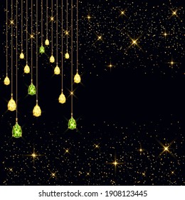 
3D vector illustration with emeralds, golden hanging chains and rhinestones. Shining stars background.
