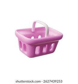 Ilustração vetorial 3D de cesta de compras vazia, cor rosa. Equipamento para consumidores em supermercados ou shoppings. Entrega on-line de mercadorias. Estilo de desenho animado plano. Plano de fundo isolado. Ícone.