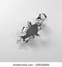 3d vector illustration of exploding white wall. a diagonal hole on center. suitable for banner, ad or other way usages.