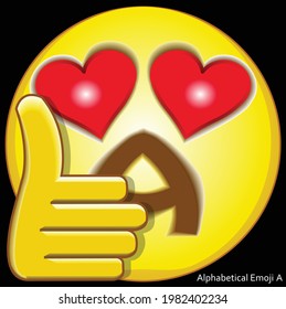 3d vector illustration face of alphabetical cartoon with the shape of mouth like a letter A, the eyes like love symbol, and thumb up hand.