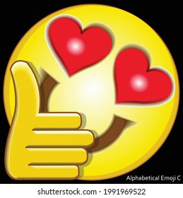 3d vector illustration face of alphabetical cartoon with the shape of mouth like a letter C, the eyes like love symbol, and thumb up hand. 