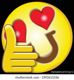 3d vector illustration face of alphabetical cartoon with the shape of mouth like a letter U, the eyes like love symbol, and thumb up hand.

