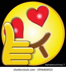 3d vector illustration face of alphabetical cartoon with the shape of mouth like a letter T, the eyes like love symbol, and thumb up hand. Alphabetical emoji T.