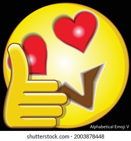 3d vector illustration face of alphabetical cartoon with the shape of mouth like letter V, the eyes like love symbol, and thumb up hand. Alphabetical Emoji V.