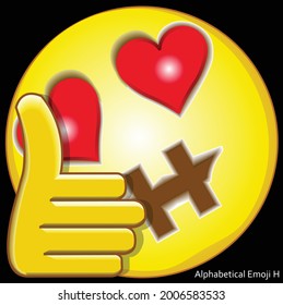 Ilustración vectorial 3d de la caricatura alfabética con forma de boca como la letra H, los ojos como símbolo de amor, y el pulgar arriba con la mano. Emoji H alfabético.