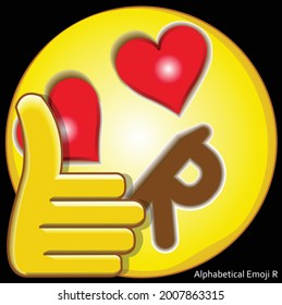 3d vector illustration face of alphabetical cartoon with the shape of mouth like a letter R, the eyes like love symbol, and thumb up hand.