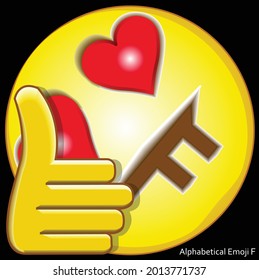 3D Vektorgrafik-Gesicht von alphabetischem Cartoon mit der Form des Mundes wie ein Buchstabe F, die Augen wie Liebessymbol und Daumen nach oben.