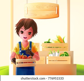 a 3d vector illustration of a farmer boy who stands in front of the organic product booth and carries a wooden tray of product from his farm, isolated on cream background.
