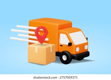 3D vector illustration of fast moving orange delivery truck with cardboard parcel box and red location pin on pastel blue background. Concept for express shipping logistics cargo transport banner.