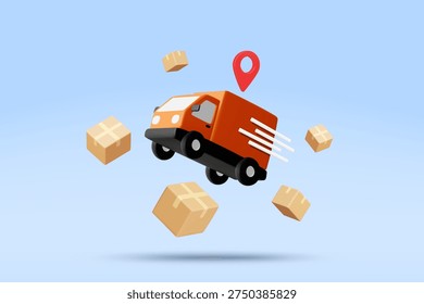 3D vector illustration of fast orange delivery truck with red location pin and flying brown boxes on blue background. Concept for online shopping fast shipping logistics transport banner template.