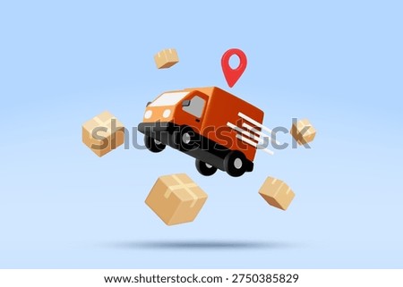 3D vector illustration of fast orange delivery truck with red location pin and flying brown boxes on blue background. Concept for online shopping fast shipping logistics transport banner template.