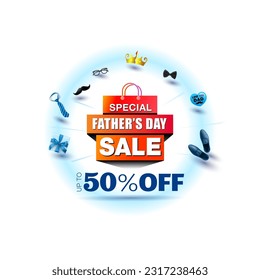 3d Vector illustration of Father's Day holiday. Special Sale, offer, deal discount, Promotion poster, web shopping banner template design.