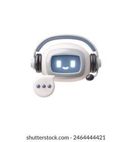 3D vector illustration features a chatbot icon designed as a cute robot with headphones. The chatbot's friendly expression and digital eyes convey a sense of approachability and interactivity