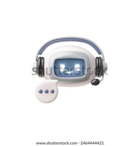 3D vector illustration features a chatbot icon designed as a cute robot with headphones. The chatbot's friendly expression and digital eyes convey a sense of approachability and interactivity