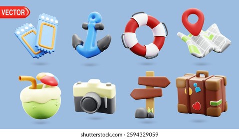 3D vector illustration features a collection of travel-related icons such as tickets, anchor, lifebuoy, camera, suitcase, and map, perfect for vacation, adventure, and tourism concepts