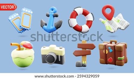 3D vector illustration features a collection of travel-related icons such as tickets, anchor, lifebuoy, camera, suitcase, and map, perfect for vacation, adventure, and tourism concepts