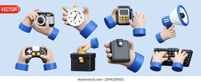 3D vector illustration features hands holding various objects like a camera, stopwatch, phone, game controller, and toolbox. Perfect for concepts related to technology, work, hobbies, and achievements