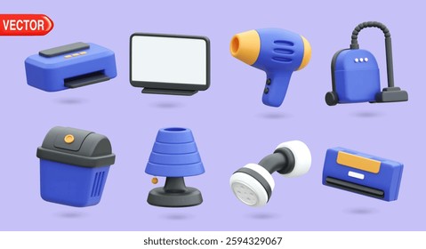 3D vector illustration features a set of home appliances, including a vacuum cleaner, lamp, trash can, printer, and hair dryer. Perfect for concepts related to modern household items and home decor