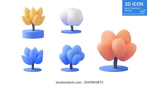  A 3D vector illustration featuring five stylized tree icons with different leaf formations and colors, including orange, white, blue, and yellow shades, standing on circular bases against 