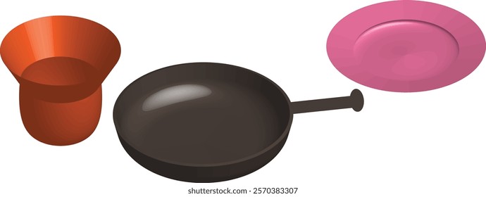 3D vector illustration featuring kitchen utensils, including an orange cup, black pan, and pink plate on white background.