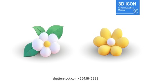  A 3D vector illustration featuring two stylized flowers with simple petal shapes, one with white petals and green leaves and the other with yellow petals