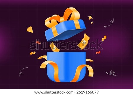 3d vector illustration Festive gift box with discount coupons and ribbons, promotions, holiday sales, online shopping deals, and special offers marketing