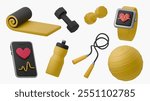 3D vector illustration of fitness equipment, including yoga mat, dumbbells, smartwatch, smartphone, water bottle, jump rope, and gym ball. Bright modern design, ideal for sports and wellness themes