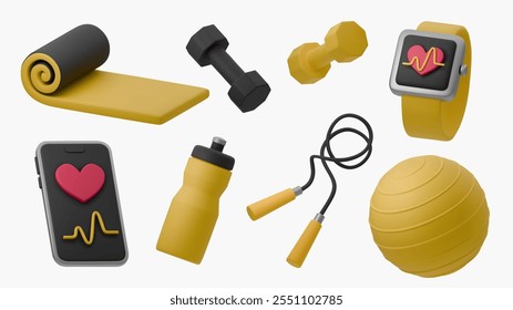 3D vector illustration of fitness equipment, including yoga mat, dumbbells, smartwatch, smartphone, water bottle, jump rope, and gym ball. Bright modern design, ideal for sports and wellness themes