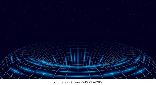 3D vector illustration of flight in space. Neon grid in the galaxy against the background of stars. Cyberpunk retro style 80s and 90s VR games in a tunnel. An endless portal in space.