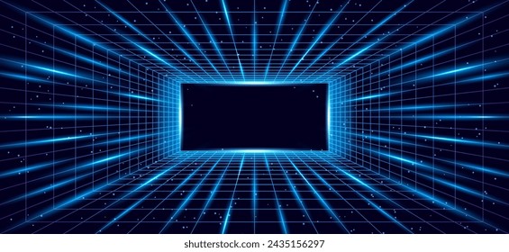 3D vector illustration of flight in space. Neon grid in the galaxy against the background of stars. Cyberpunk retro style 80s and 90s VR games in a tunnel. An endless portal in space.
