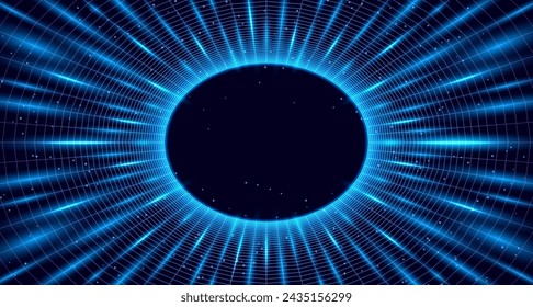 3D vector illustration of flight in space. Neon grid in the galaxy against the background of stars. Cyberpunk retro style 80s and 90s VR games in a tunnel. An endless portal in space.