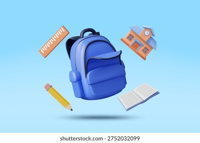 3D vector illustration of floating blue backpack with school building ruler yellow pencil and open book on blue background. Concept for back to school elementary education learning banner template.