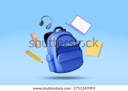 3D vector illustration of floating blue backpack with purple laptop headphone yellow book ruler and pencil on blue background. Concept for online education e-learning back to school banner template.