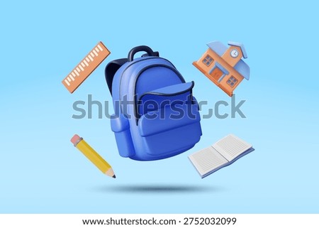 3D vector illustration of floating blue backpack with school building ruler yellow pencil and open book on blue background. Concept for back to school elementary education learning banner template.