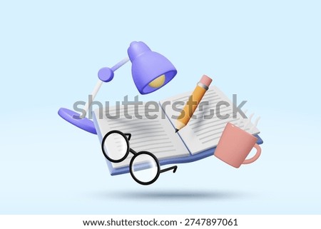 3D vector illustration of floating open book with purple desk lamp yellow pencil black glasses and pink coffee cup on blue background. Concept for studying reading education writing banner template.