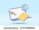 3D vector illustration of floating purple laptop with blue gear yellow book and rolled diploma on blue background. Concept for online education e-learning technical STEM graduation banner template.
