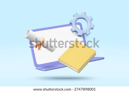 3D vector illustration of floating purple laptop with blue gear yellow book and rolled diploma on blue background. Concept for online education e-learning technical STEM graduation banner template.