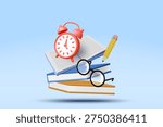 3D vector illustration of floating red alarm clock open book stack of books black glasses and pencil on blue background. Concept for exam preparation study time management learning banner template.