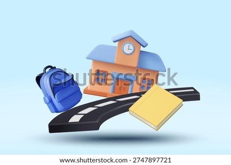 3D vector illustration of floating school building with road blue backpack and yellow book on blue background. Concept for back to school elementary education learning journey banner template.