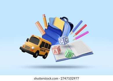 3D vector illustration of floating yellow school bus blue backpack open book pencils and abc alphabet blocks. Concept for back to school elementary education learning banner background template.