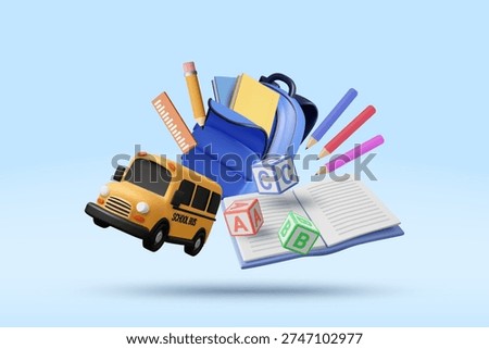 3D vector illustration of floating yellow school bus blue backpack open book pencils and abc alphabet blocks. Concept for back to school elementary education learning banner background template.