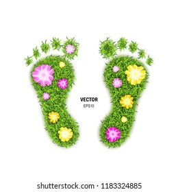 3d Vector Illustration with Foot Print Made of Green Grass and Flowers. Footprint Icon or Barefoot Eco Wildlife Symbol Isolated on White Background