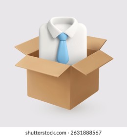 3D vector illustration of a formal shirt with blue tie inside an open cardboard box, representing fashion product delivery, logistics, and business.