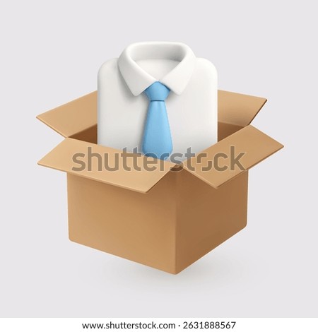 3D vector illustration of a formal shirt with blue tie inside an open cardboard box, representing fashion product delivery, logistics, and business.