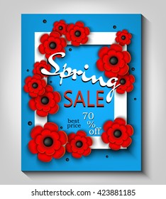 3d vector illustration. Frame with voluminous flowers. Spring banner: discounts, super sale, 70% off, best price, marketing, advertising, business. 