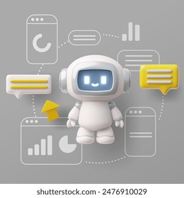 A 3D vector illustration of a friendly chatbot icon surrounded by interactive digital elements like speech bubbles, a cursor, and mobile interface symbols