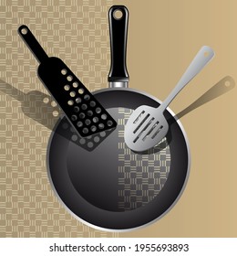 Ilustración vectorial 3D de una sartén frita con 2 utensilios de sirviente, uno plástico y el otro metal, sobre un fondo beige con un patrón geométrico. 