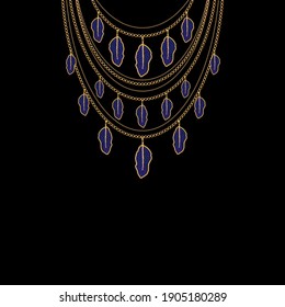 3D vector illustration with gem stones, beads, pendants, golden chains and beadworks. Golden necklaces with pendants.