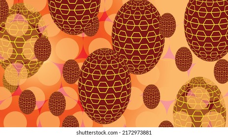 3D vector illustration with geometric shapes. Oval objects in red with a yellow, hexagonal pattern. Fill around objects from circles folded into a surface.