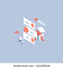 3d vector illustration with gift box, packet, bow, isometric sale design, online offer concept for ecommerce discount campaign, shopping background, landing page template,